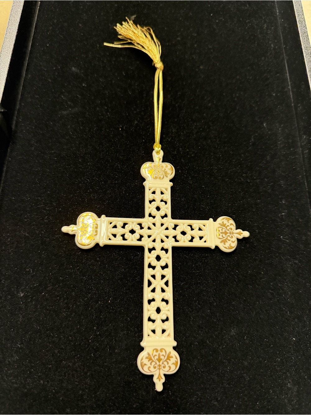 Lenox Annual Pierced Cross ornament featuring gold accents.